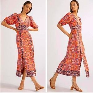 rio Anthropologie Floral Maxi Dress Size 6 Red Orange Medallion Paisley Motif